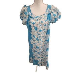 Aikane Vintage 80s Hawaiian Blue White Floral MuuMuu Dress Size L Kaftan